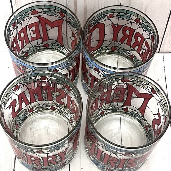 Set of 4 Vintage Cera Merry Christmas Double Old Fashioned Tiffany Stained Glass - Picture 10 of 10
